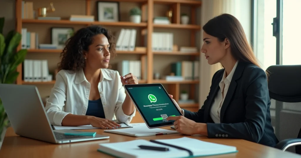 Advogada mostra em tablet QR do WhatsApp restaurado para empresária preocupada