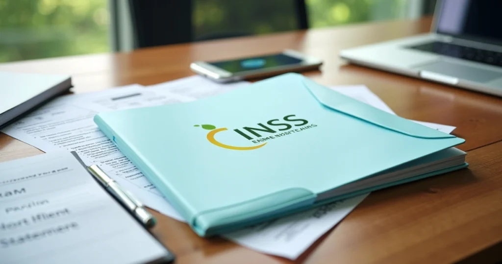 Documentos organizados sobre mesa com destaque para pasta do INSS e laudos médicos