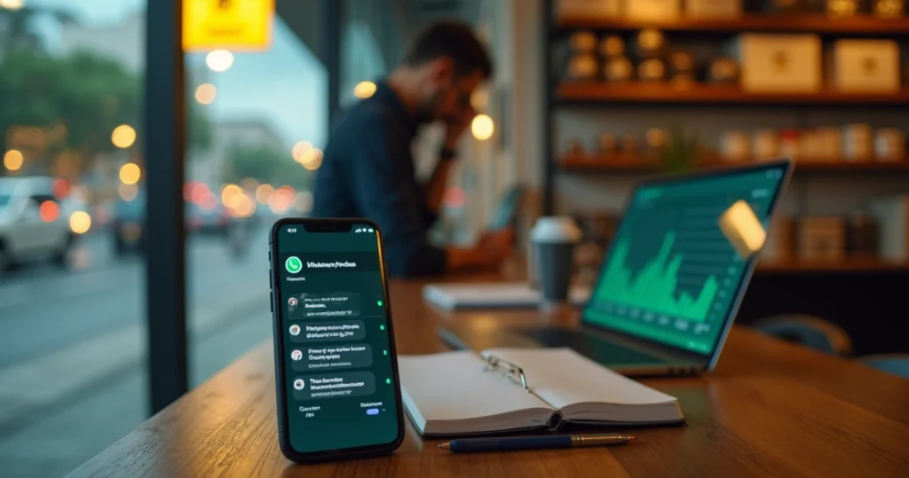 Empresário apreensivo vê tela de celular com WhatsApp travado em loja vazia