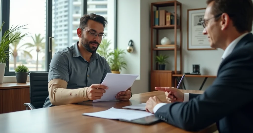 Advogado orienta trabalhador com braço imobilizado em ambiente de escritório moderno