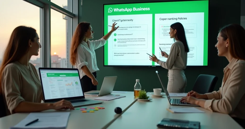 Equipe em escritório planejando segurança e uso correto do WhatsApp Business em quadro grande