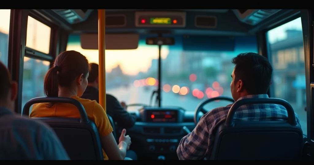Passageiro ferido em ônibus urbano olhando motorista de aplicativo em cena dividida
