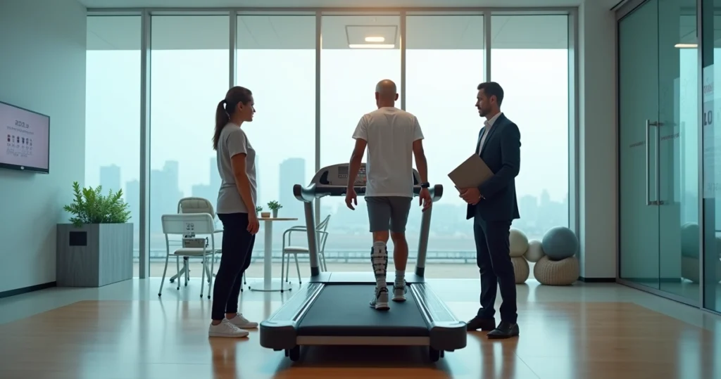 Pessoa em fisioterapia usando tecnologia de reabilitação em clínica moderna