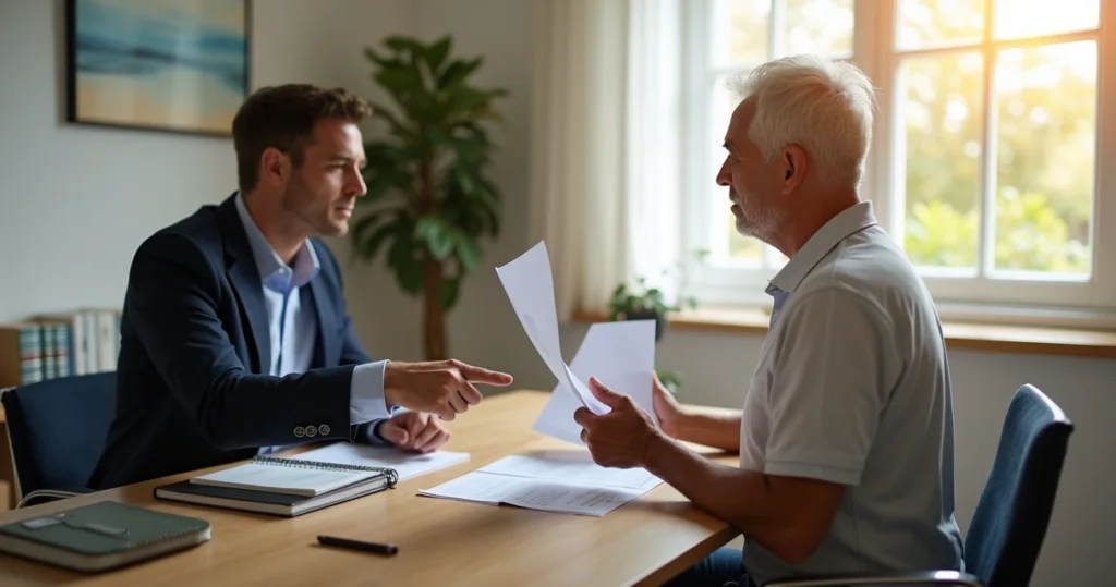 Segurado conversa com advogada sobre negativa de benefício em escritório jurídico