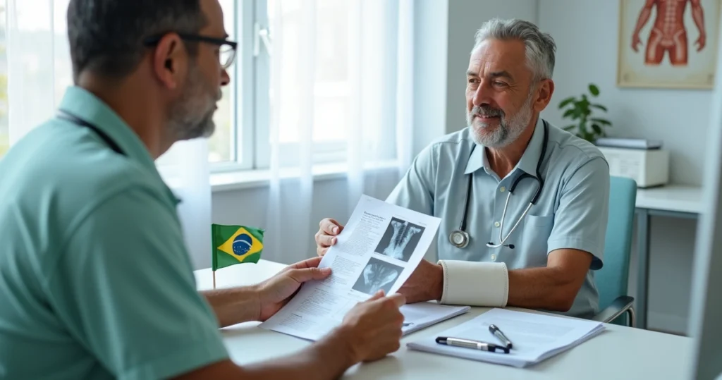 Segurado em consulta de perícia médica mostrando exames para médico do INSS