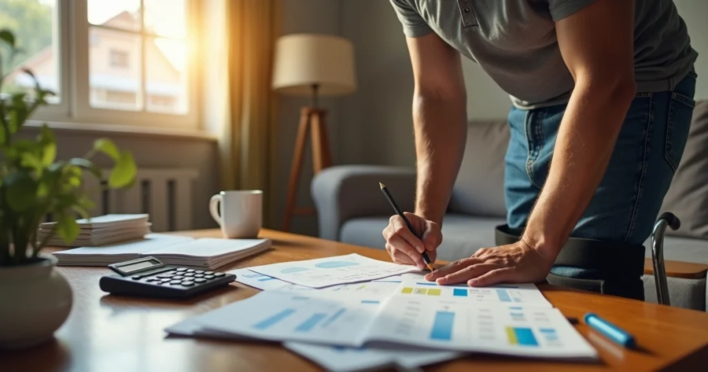 Trabalhador com sequela física analisando cálculo de benefício em mesa com calculadora e notebook