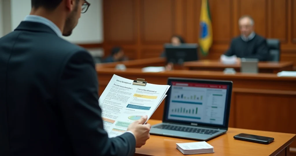 Juiz e advogado analisando desbloqueio de conta em audiência rápida