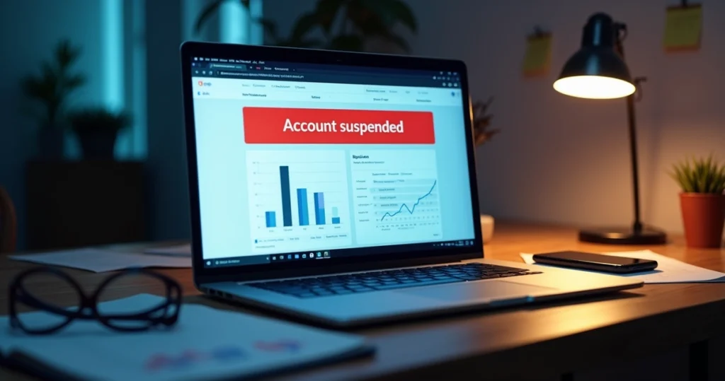 Tela de notebook mostrando painel do Google Ads com alerta de conta suspensa