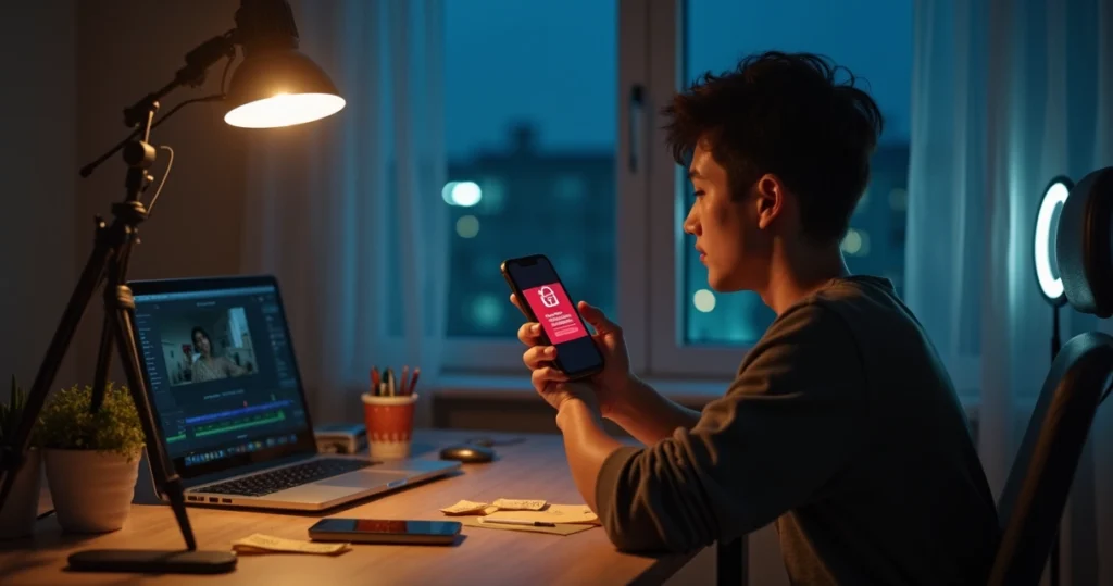 Criador de conteúdo sentado com celular exibindo conta do TikTok banida na tela