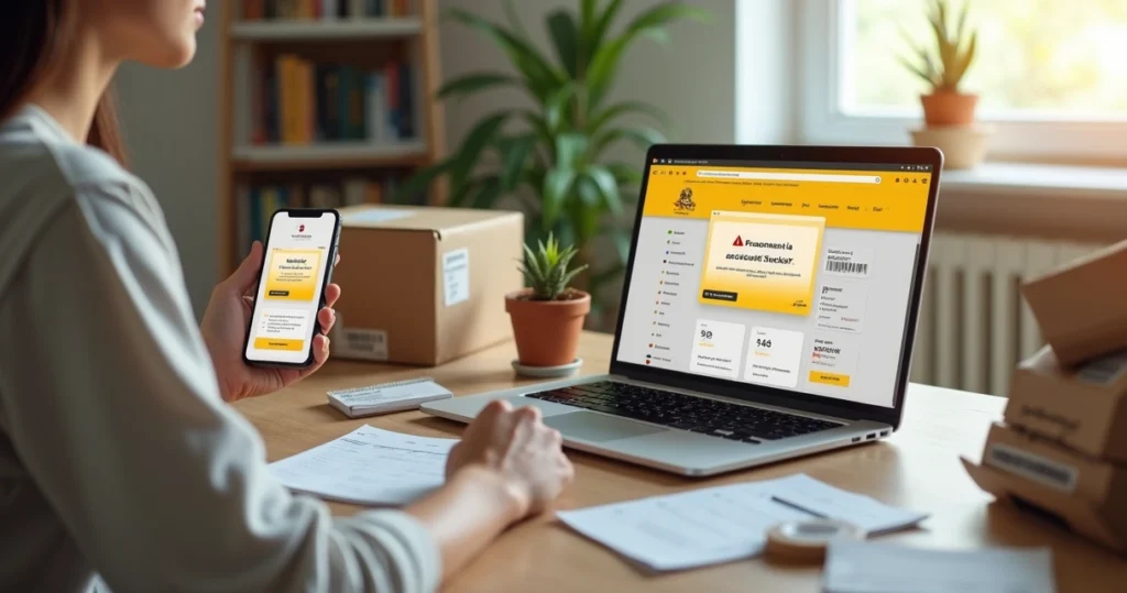 Empreendedor olhando tela de notebook com aviso de conta do Mercado Livre bloqueada