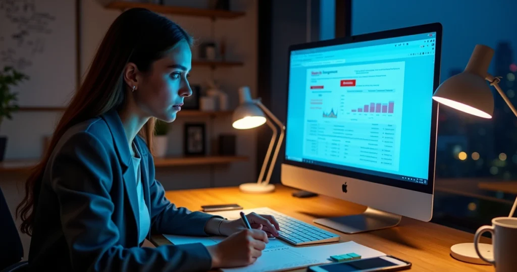 Empresária analisando anúncio bloqueado na tela do computador