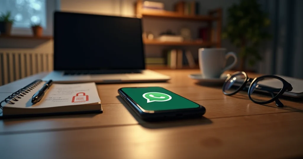 Tela de celular com alerta de número banido do WhatsApp sobre mesa de trabalho