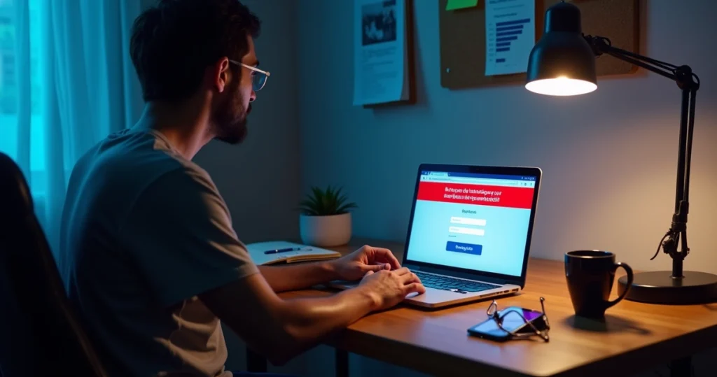 Profissional vendo mensagem de conta do Facebook desativada no notebook