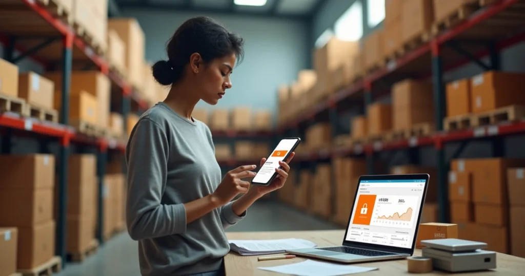 Vendedor de e-commerce olha tela de celular com conta Shopee bloqueada em depósito organizado