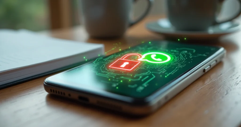 Tela de WhatsApp bloqueado em smartphone preso por cadeado digital
