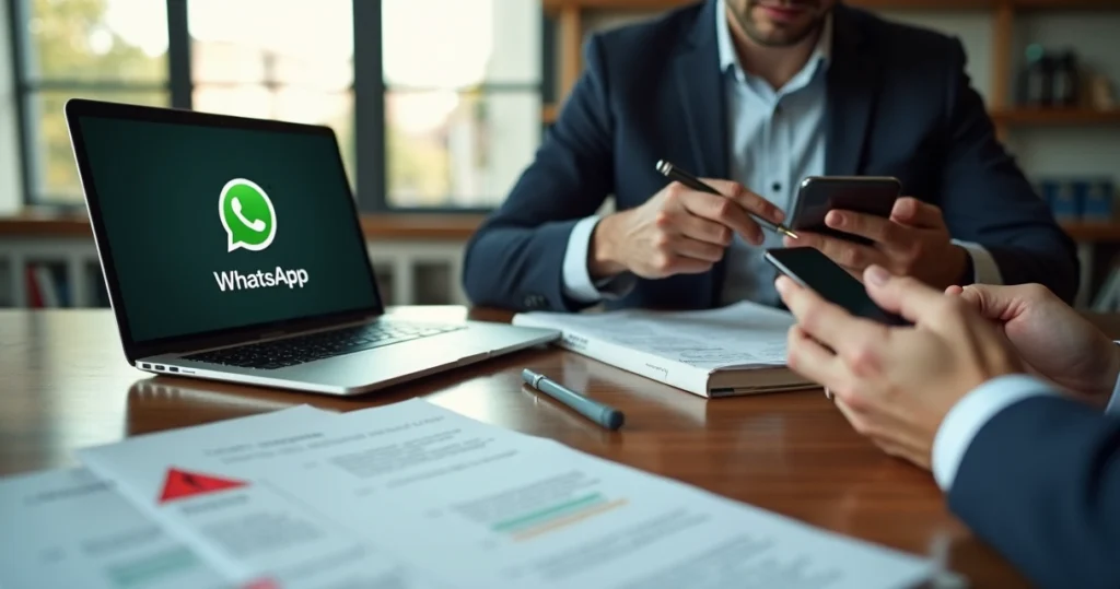 Advogado analisa documento com símbolo do WhatsApp em tela de computador