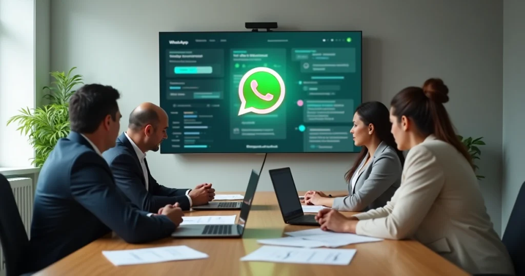Equipe de pequena empresa reunida em mesa de reunião observando gráfico bloqueado com ícone do WhatsApp Business