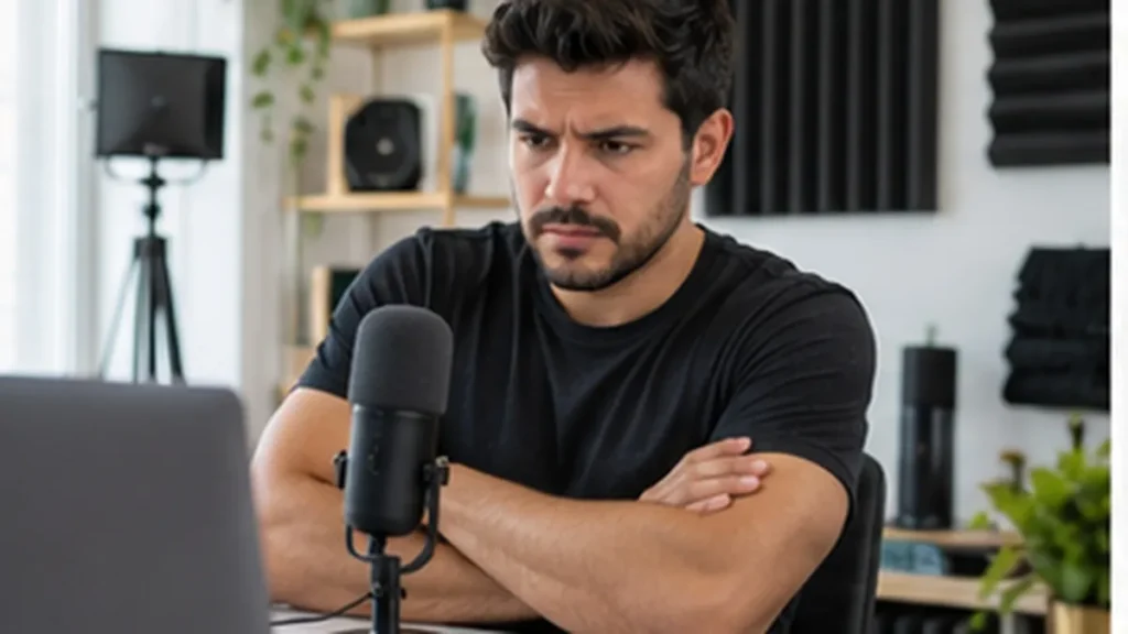 Criador de conteudo de bracos cruzados diante do notebook no estudio caseiro, apos a remocao do canal.