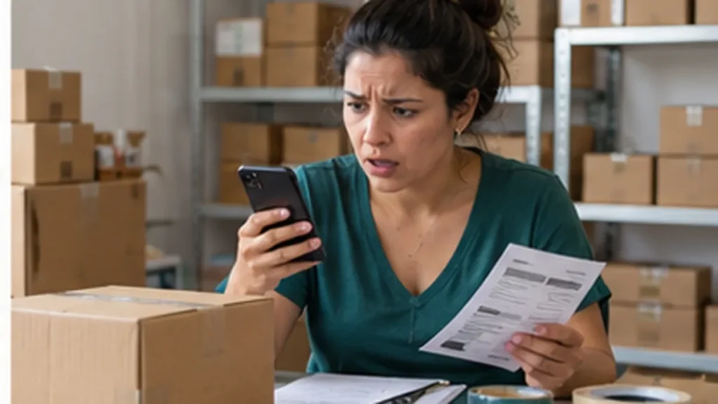 Vendedora em estoque domestico, com caixas prontas para envio, confere o celular apos a suspensao da conta.