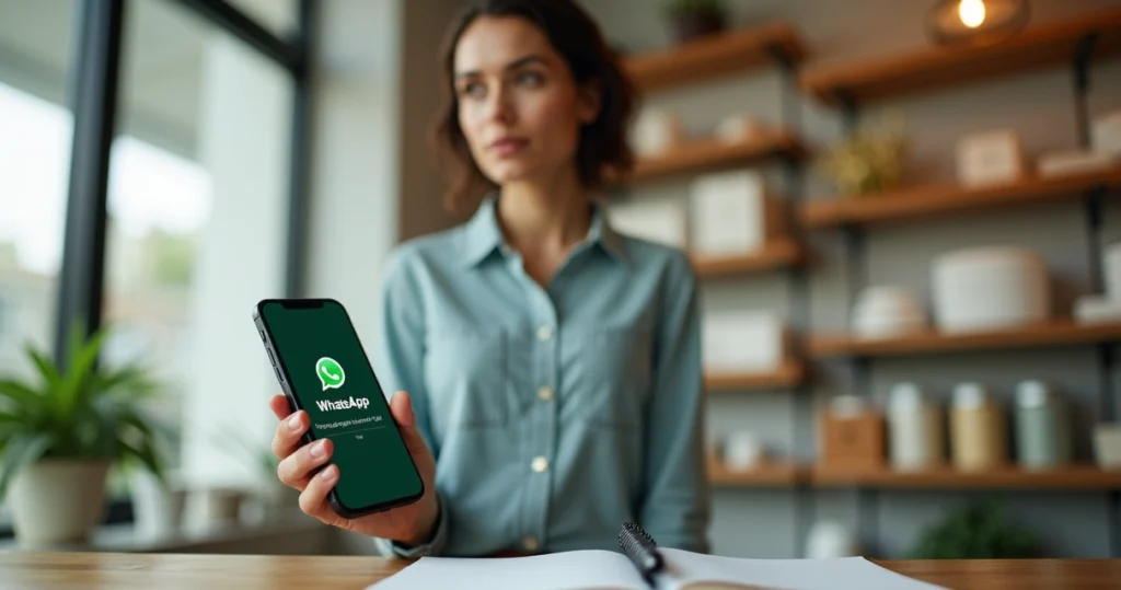Empresário em pequena loja segurando celular com tela do WhatsApp Business em destaque