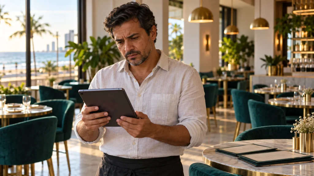 Dono de restaurante no salao vazio confere o tablet apos a desativacao da pagina de empresa no Facebook.