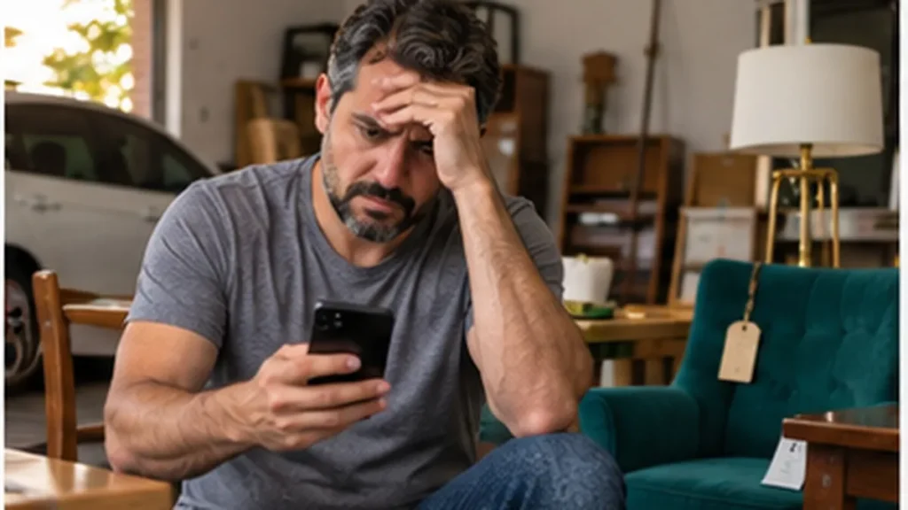 Vendedor na garagem de casa, cercado de moveis usados anunciados, sem conseguir responder aos interessados pelo celular.