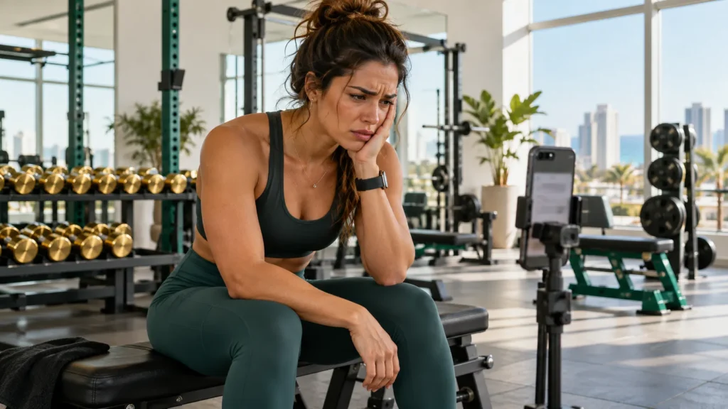 Personal trainer na academia observa o celular no tripe apos ter o perfil do Instagram desativado.