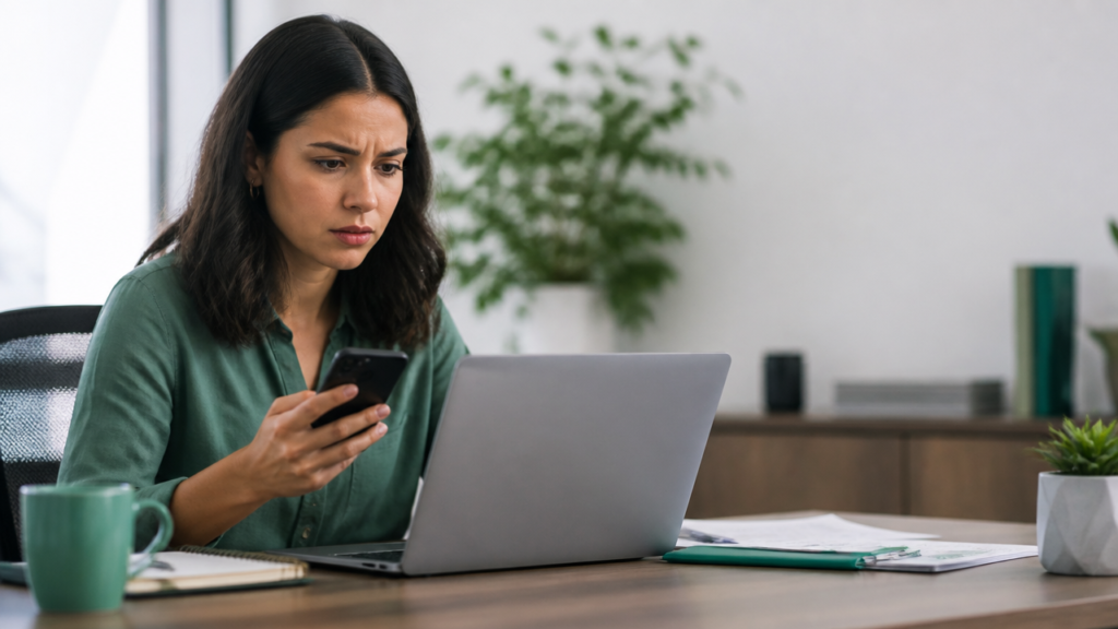 Pessoa preocupada usando notebook e celular após bloqueio de conta digital de trabalho