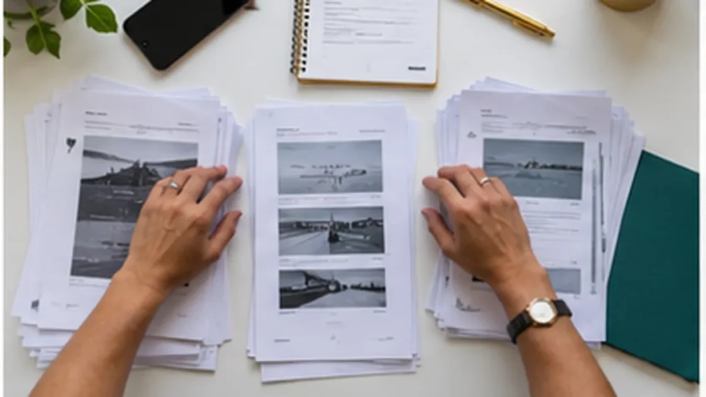 Mesa com capturas de tela impressas, notas fiscais e caderno de cronologia organizados como prova do bloqueio da conta.