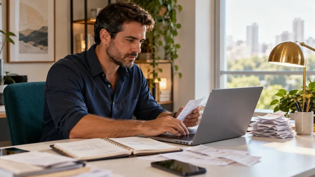 Homem em home office organiza comprovantes e anotacoes para montar o recurso contra o bloqueio da conta.