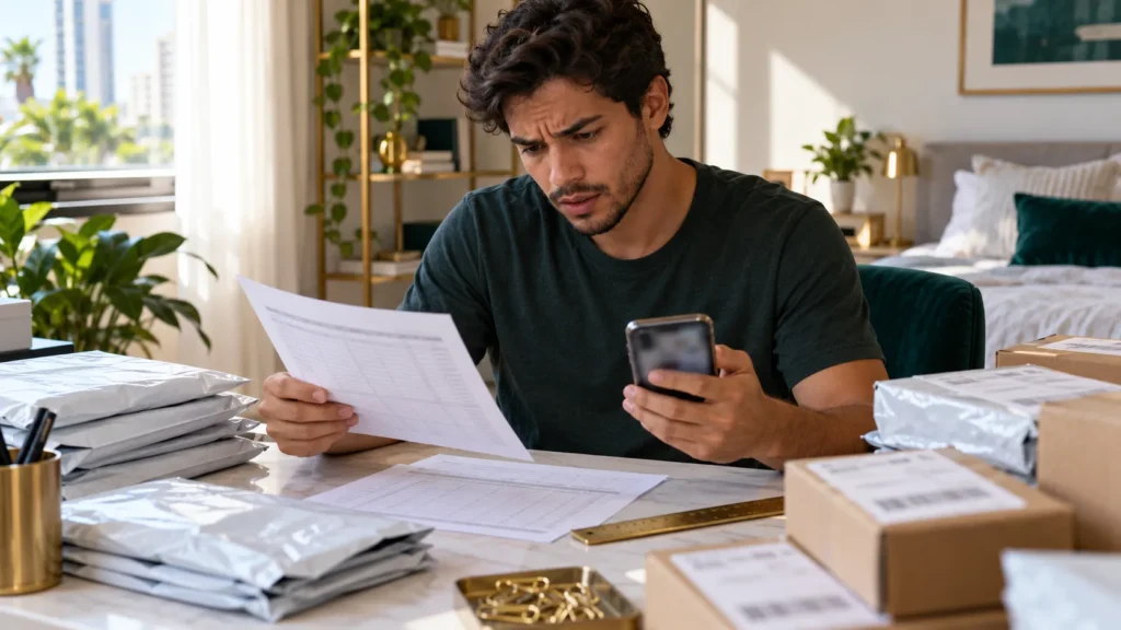 Vendedor confere planilha impressa e celular entre envelopes de envio, com o saldo das vendas retido.