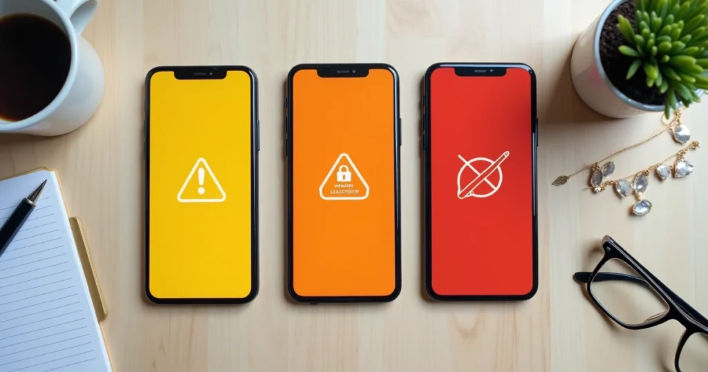 Mesa dividida com smartphones mostrando diferentes tipos de bloqueio no WhatsApp