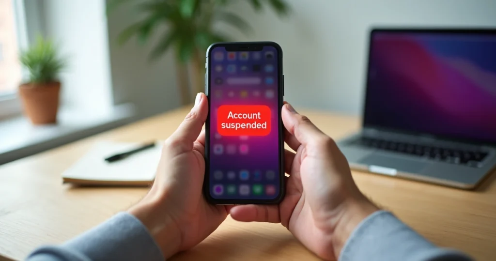 Pessoa segurando celular com tela do Instagram bloqueado em ambiente de trabalho simples