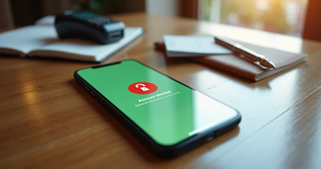 Smartphone com app de pagamentos bloqueado e ícone de alerta em destaque