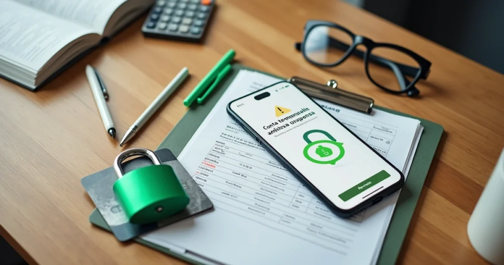 Celular apoiado em prancheta com extratos e cadeado verde em destaque