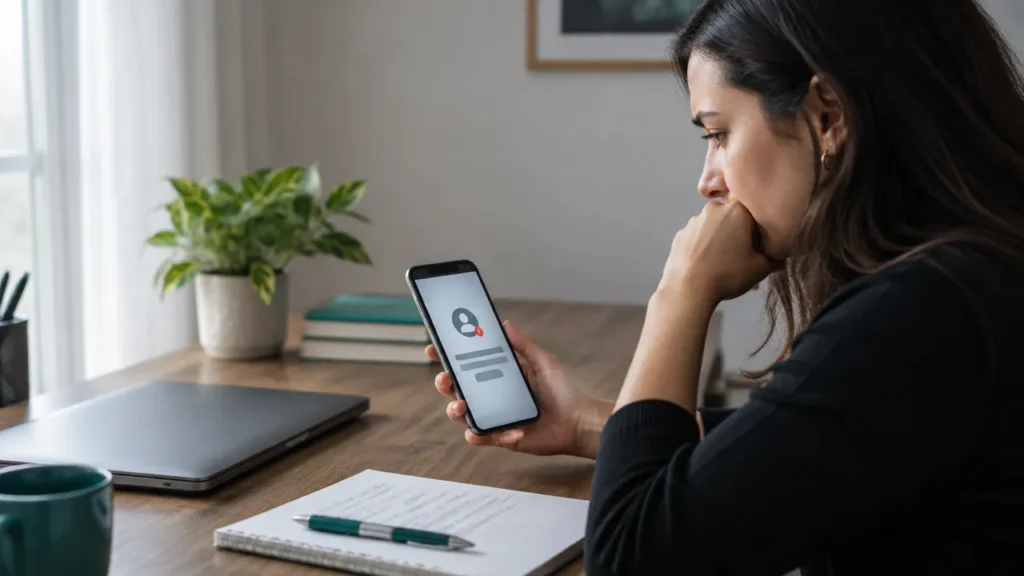 Pessoa verifica no celular uma conta de rede social bloqueada, em uma mesa de trabalho